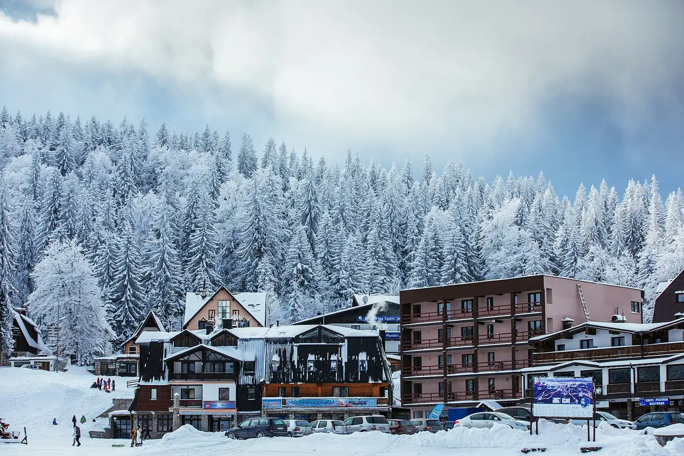 Jahorina's resort village under fresh snow