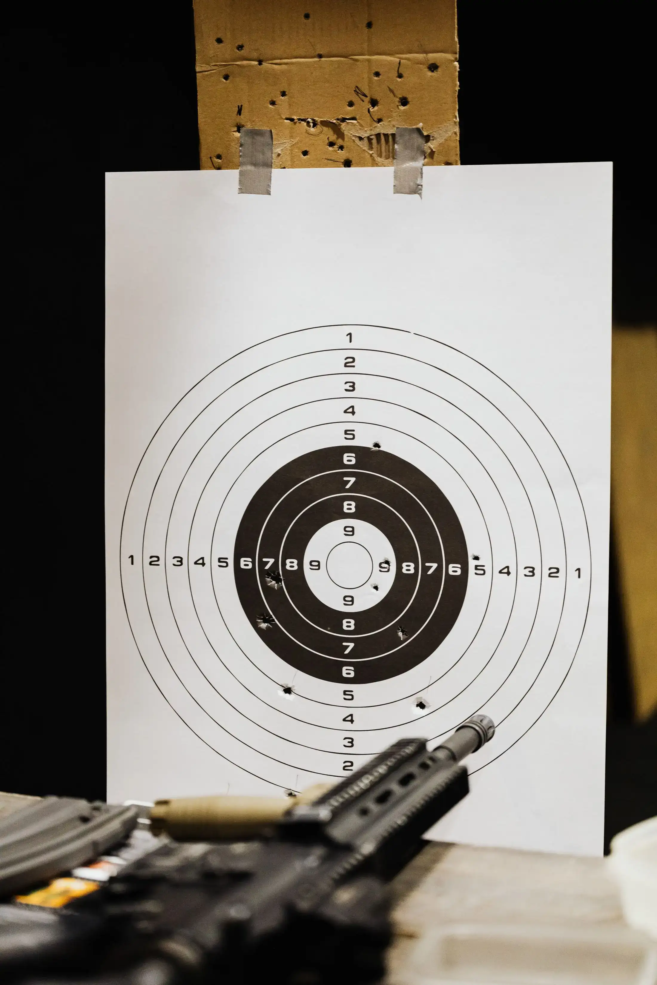 A paper target after a round, with a rifle on the bench.
