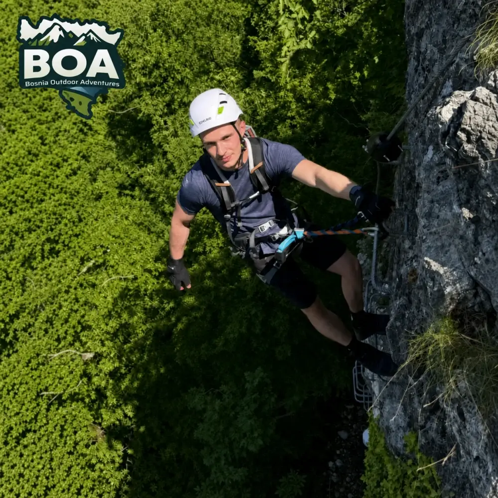 Rahmo climbing a via ferrata route in Herzegovina