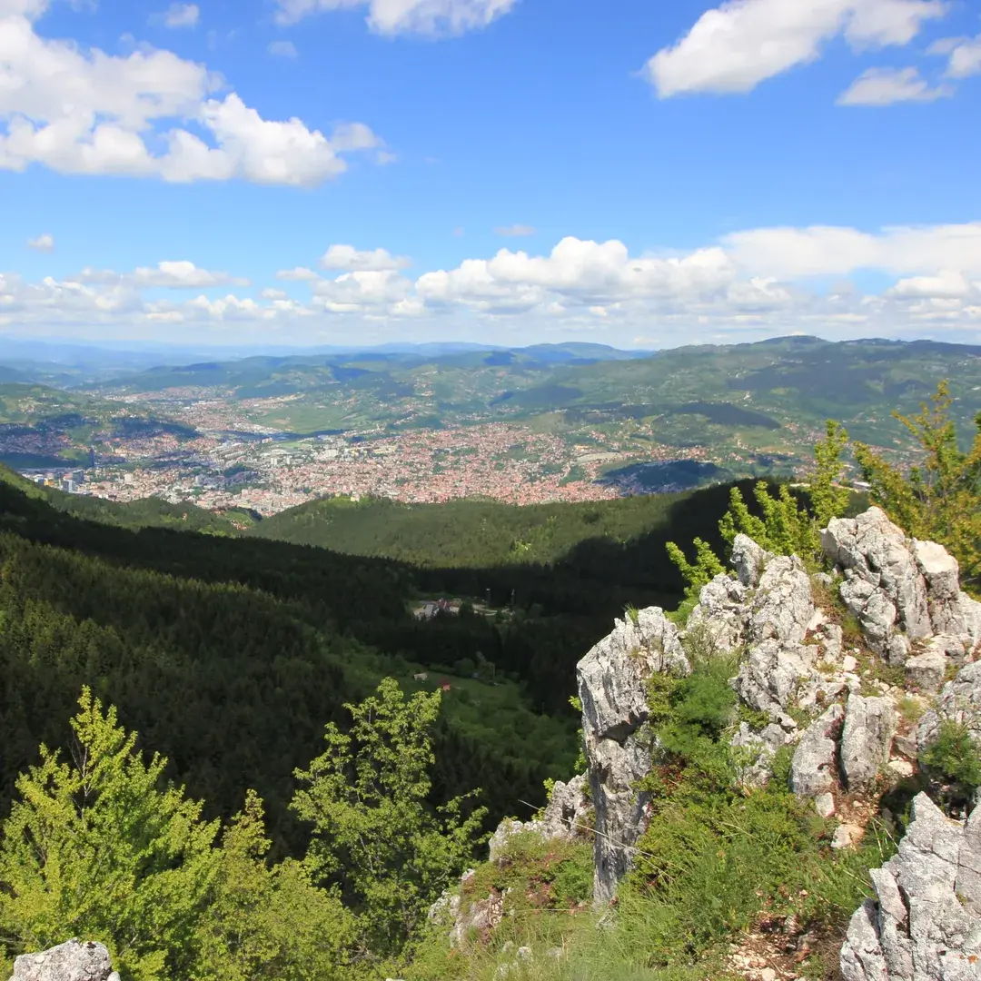 Looking out over Sarajevo from the top of the crag, near where the marked return path starts.