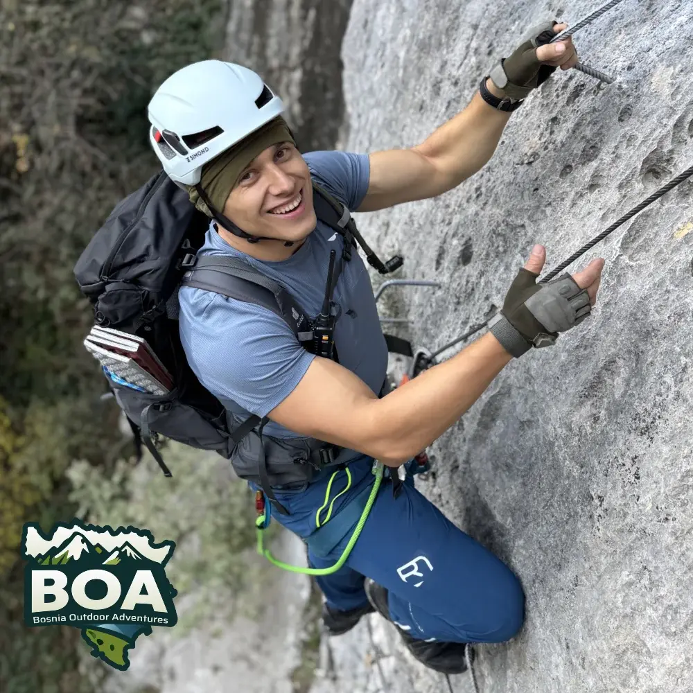 Emir, UIAA-licensed mountain guide, on a via ferrata route in Bosnia and Herzegovina